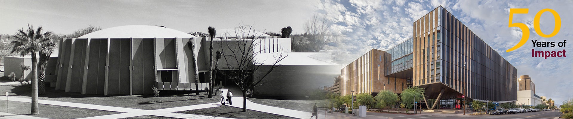 50 years of impact - Time shot of Old Armstrong hall in Tempe and the Beus Center for Law and Society in Downtown Phoenix