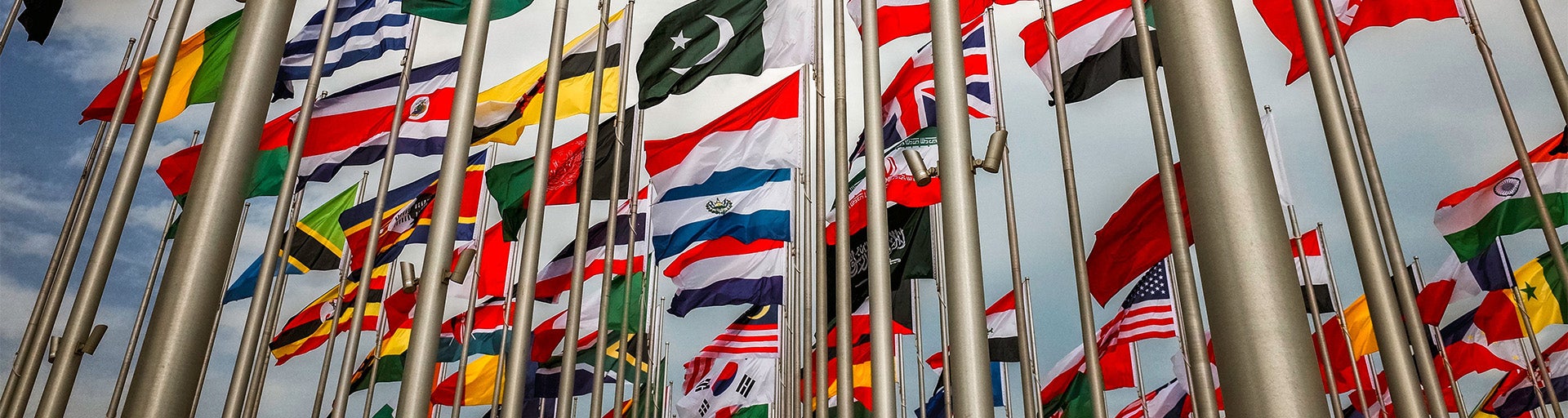 Country flags on polls in front of the United Nations.