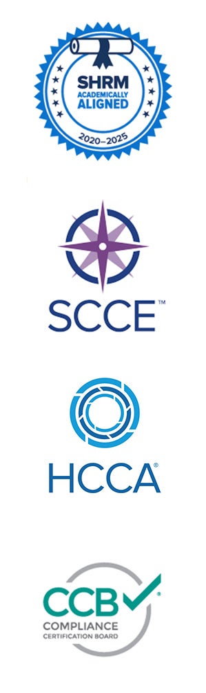 Four logos in order from left to right: The Society for Human Resource Management (SHRM), Society of Corporate Compliance and Ethics (SSCE), Health Care Compliance Association (HCCA), and Compliance Certificate Board (CCB)