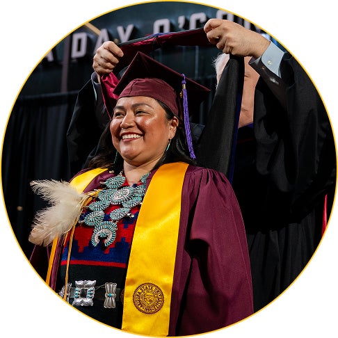 An ASU Law student is hooded at the Spring 2025 MLS Convocation ceremony