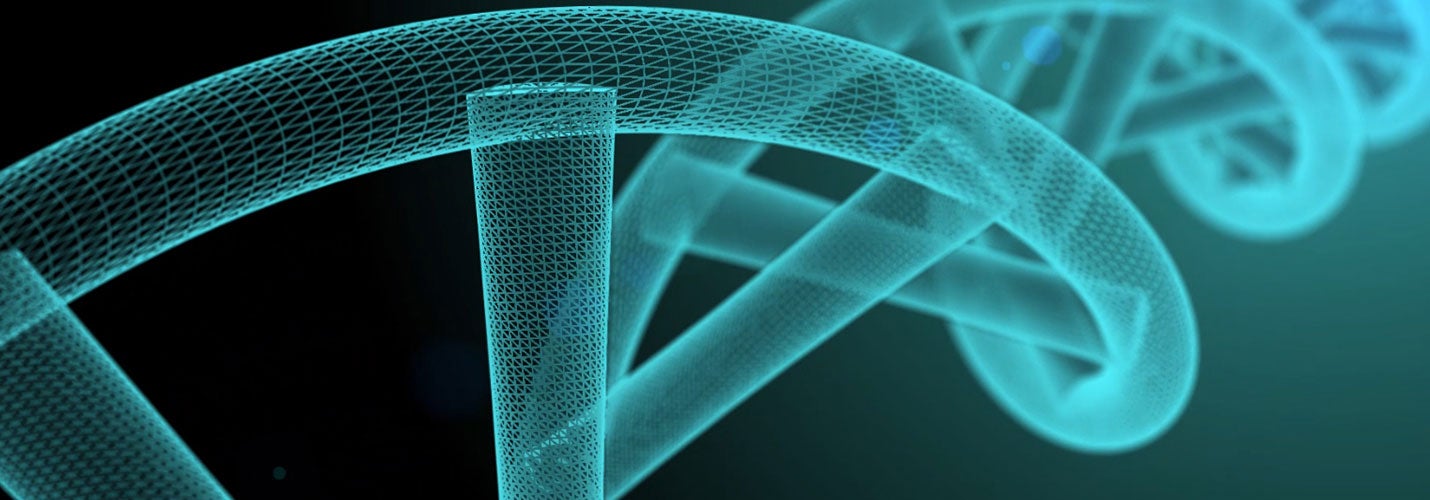Closeup of a digitally illustrated blue DNA strand