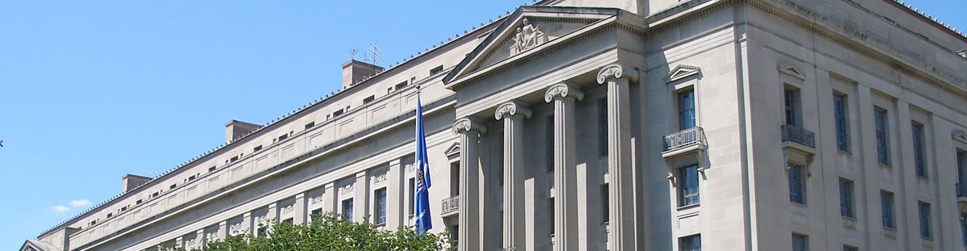 View of the exterior of the Department of Justice building in Washington, D.C.