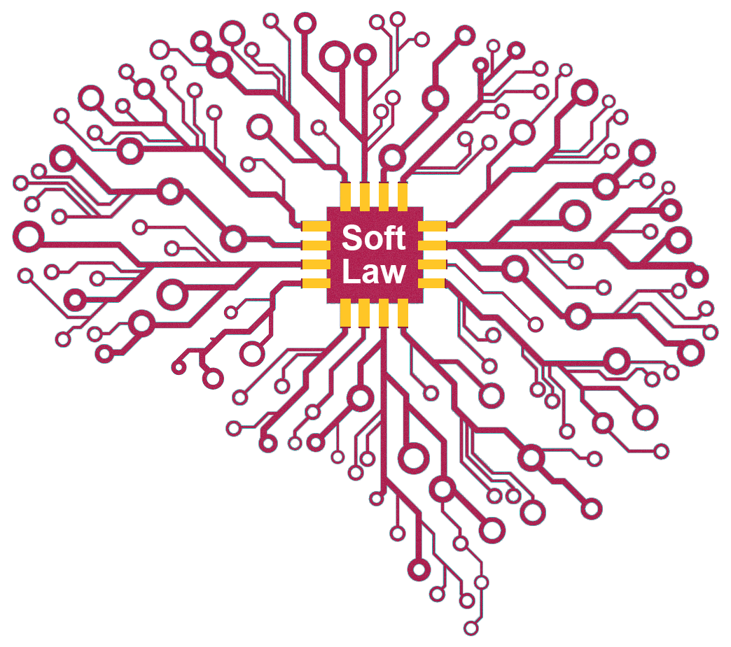 Soft Law AI Graphic - Circuits forming a brain with Soft Law Chip in the center