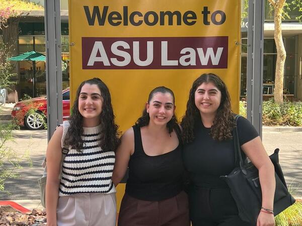 Triplets and incoming ASU Law students (from left to right) Nicole, Lauren and Megan Isagholian pose for a photo on the Downtown Phoenix campus as they prepare to start their semester together at the Sandra Day O’Connor College of Law on Aug. 18. Photo courtesy of the Isagholian family